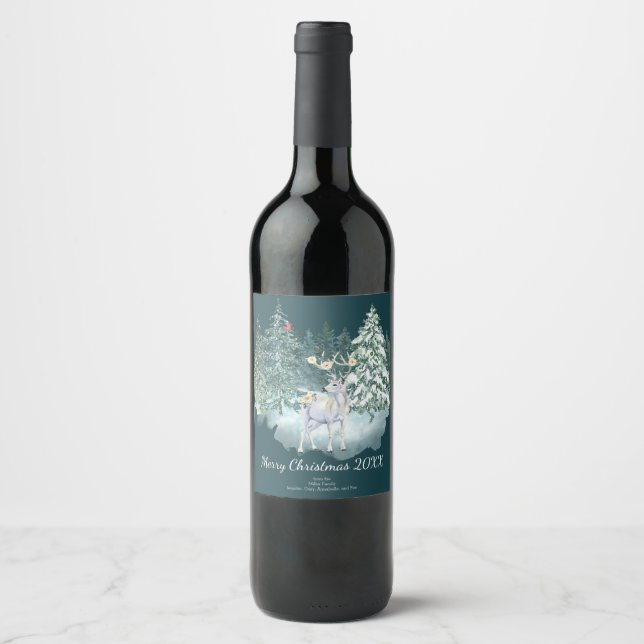 Woodland Deer Winter Forest  Wine Label (Front)