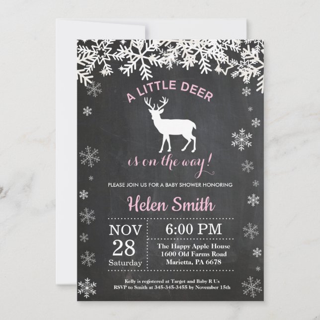 Woodland Deer Winter Girl Baby Shower Invitation (Front)