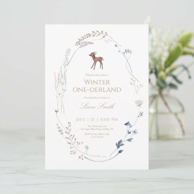 Woodland Deer Winter Onederland Birthday Invite (Standing Front)