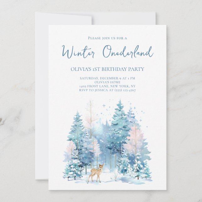 Woodland Deer Winter Wonderland 1st Birthday Party Invitation (Front)