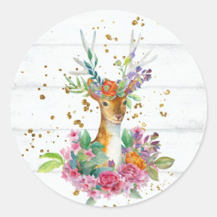 Woodland Deer with Floral Crown Classic Round Sticker