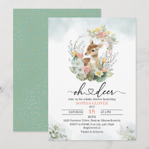 Woodland deerflowers greenery watercolor baby show invitation