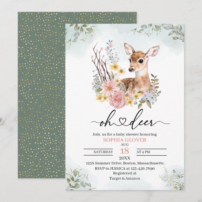Woodland deerflowers greenery watercolor baby show invitation (Front/Back)