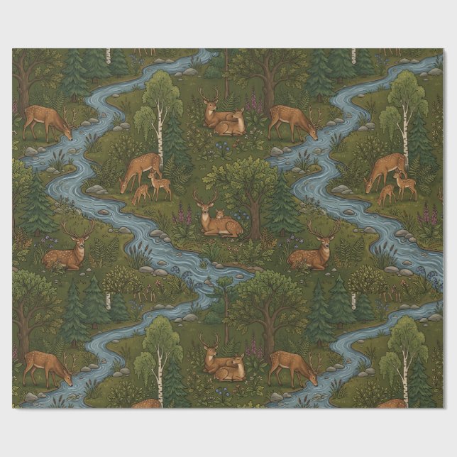 Woodland Deers Forest Stream Seamless Pattern Wrapping Paper (Flat)