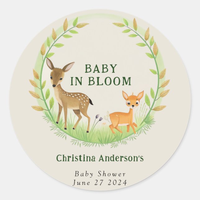 Woodland Deers Forest Wreath Cute Baby Shower Classic Round Sticker (Front)