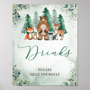 Woodland Drinks sign Baby Shower forest animals