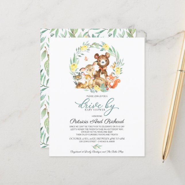 Woodland Drive By Baby Shower Budget Invitation (Front/Back In Situ)
