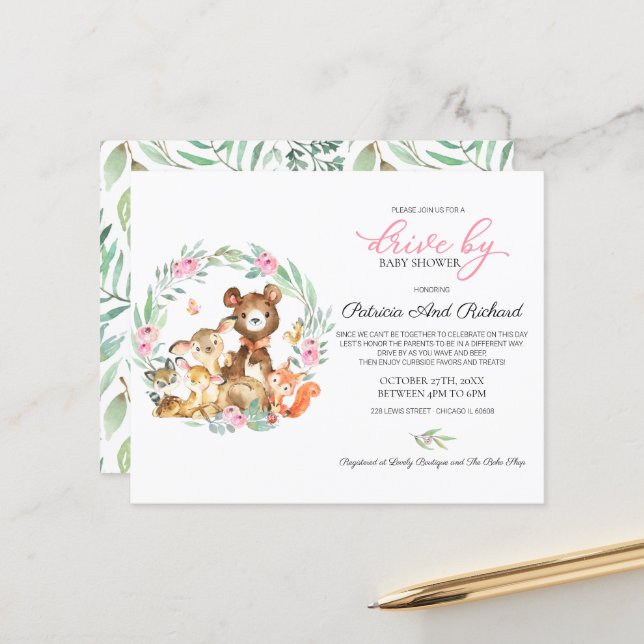 Woodland Drive By Baby Shower Budget Invitation (Front/Back In Situ)
