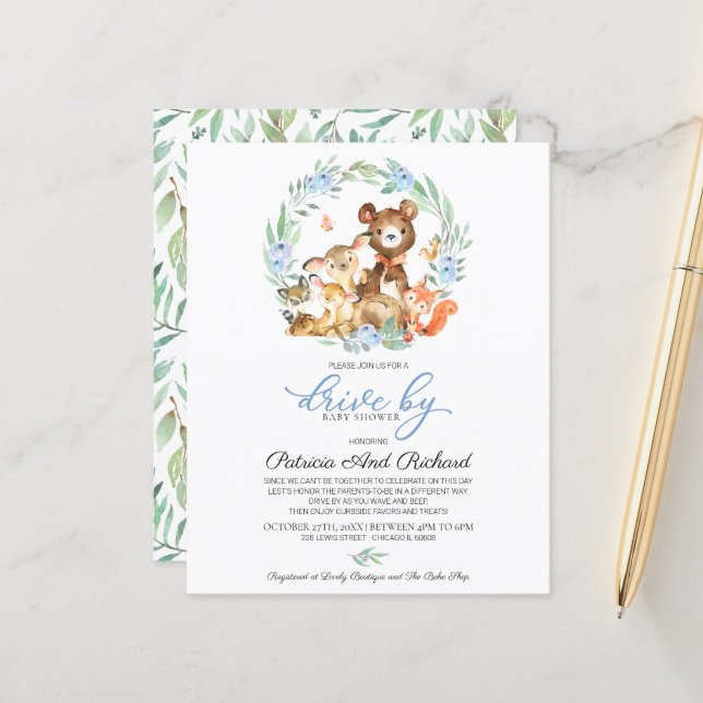 Woodland Drive By Baby Shower Budget Invitation (Front/Back In Situ)