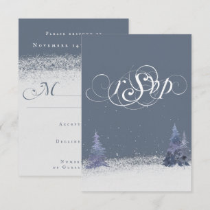 Woodland Dusty Blue and White Winter Snow Wedding RSVP Card