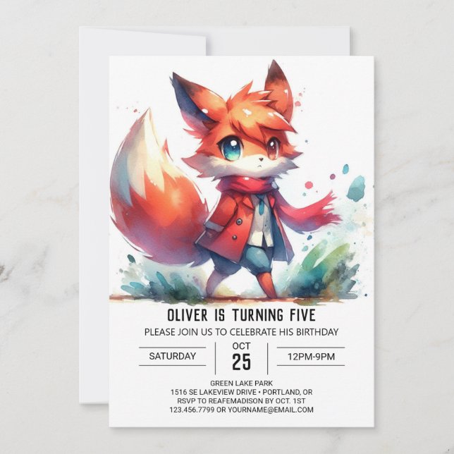Woodland Editable Fox Birthday Invitation (Front)