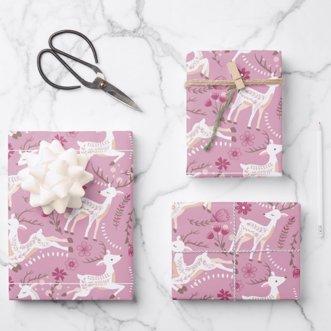 Woodland Elegance: Deer and Fawn Fantasy Wrapping Paper Sheet (Front)
