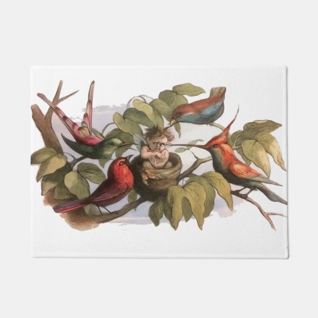 Woodland Elf in Nest: Antique Bird Sprite Fairy Doormat (Front)