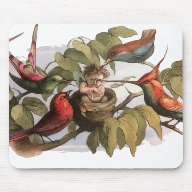 Woodland Elf in Nest: Antique Bird Sprite Fairy Mouse Mat (Front)
