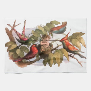 Woodland Elf in Nest: Antique Bird Sprite Fairy Tea Towel