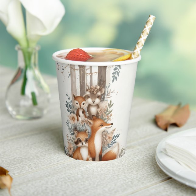 Woodland Enchantment Themed baby shower paper cups (Insitu)
