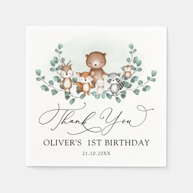 Woodland Eucalyptus Greenery Animals Birthday Boy  Napkin (Front)