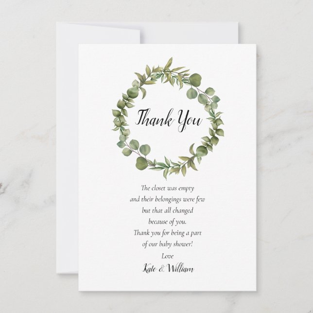 Woodland Eucalyptus Greenery Baby Shower Poem Thank You Card (Front)