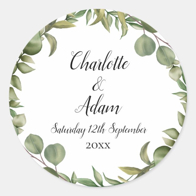 Woodland Eucalyptus Greenery Wedding Classic Round Sticker (Front)