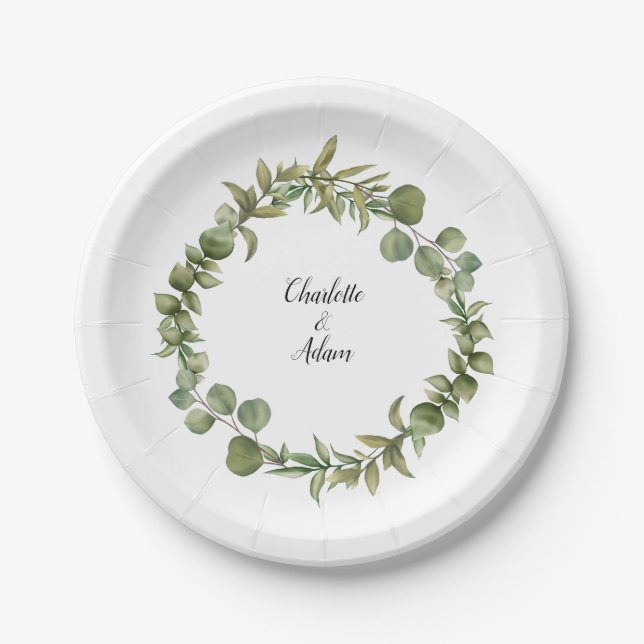 Woodland Eucalyptus Greenery Wedding Paper Plate (Front)