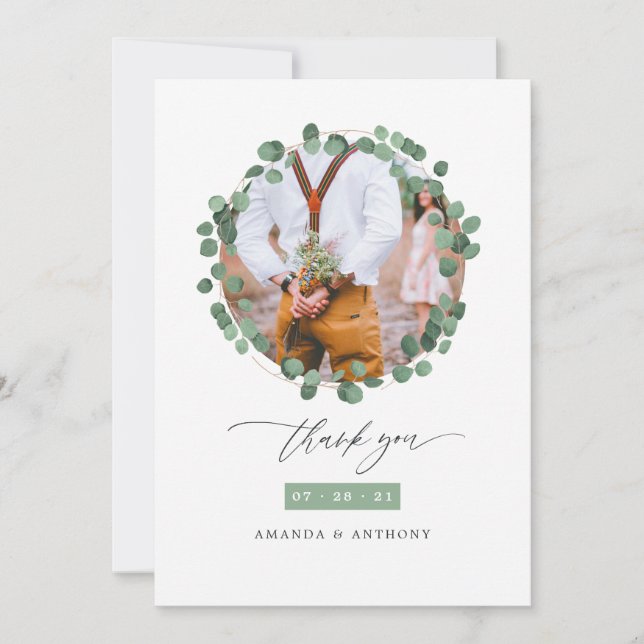 Woodland Eucalyptus Greenery Wedding Photo Collage Thank You Card (Front)