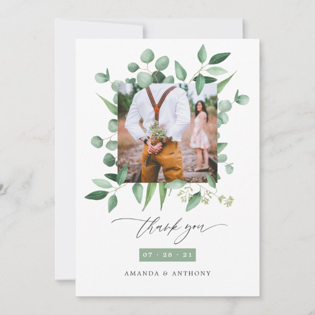Woodland Eucalyptus Greenery Wedding Photo Collage Thank You Card (Front)