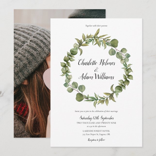 Woodland Eucalyptus Greenery Wedding Photo Invitation (Front/Back)