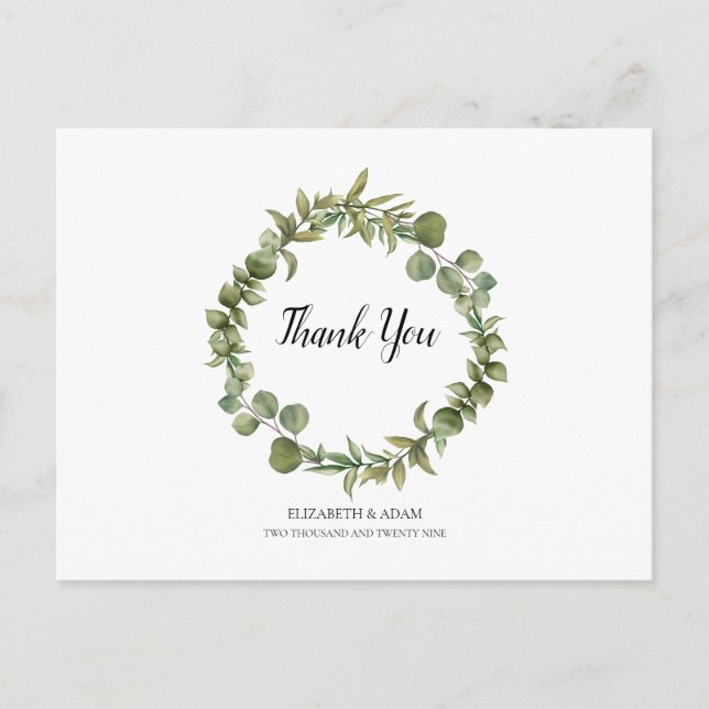 Woodland Eucalyptus Greenery Wedding Thank You Postcard (Front)