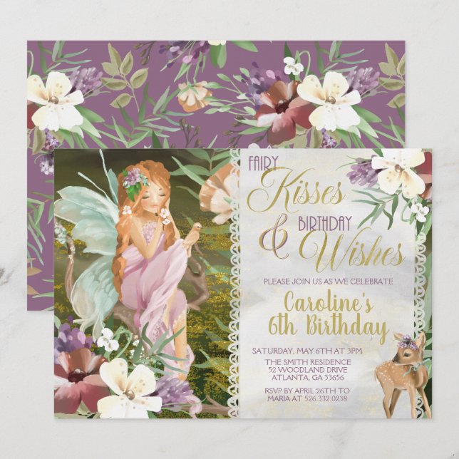 Woodland Fairy Birthday Invitation Watercolor (Front/Back)