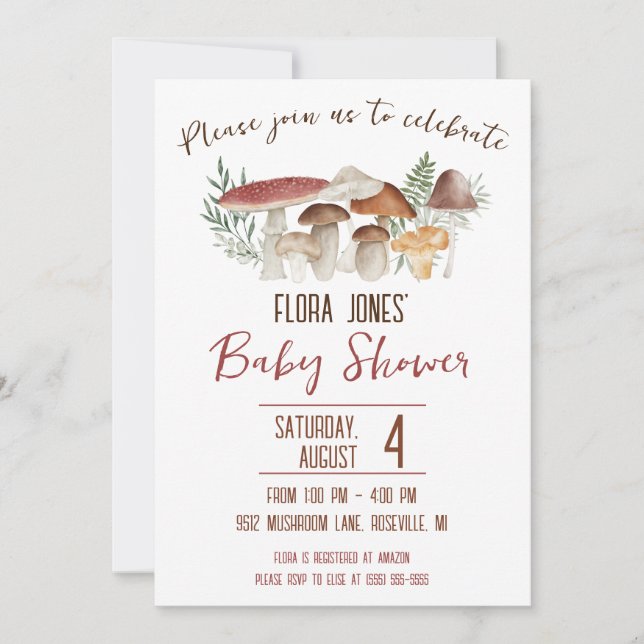 Woodland Fairy, Mushroom Themed Baby Shower Invitation (Front)