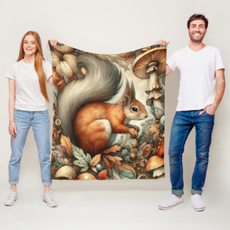 Woodland Fall Colour Mushrooms Squirrel Whimsical  Fleece Blanket