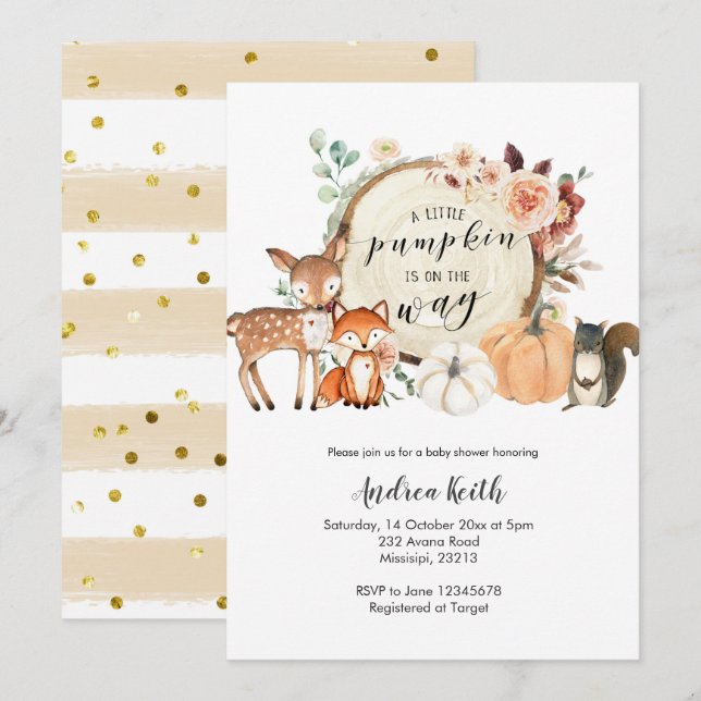Woodland fall pumpkin burnt orange baby shower invitation (Front/Back)