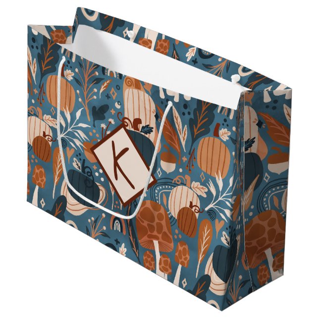 Woodland Fall Pumpkins Monogram Large Gift Bag (Front Angled)