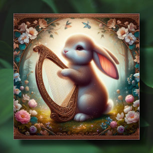 Woodland Fantasy Bunny Flowers Harp Easter  Holiday Card