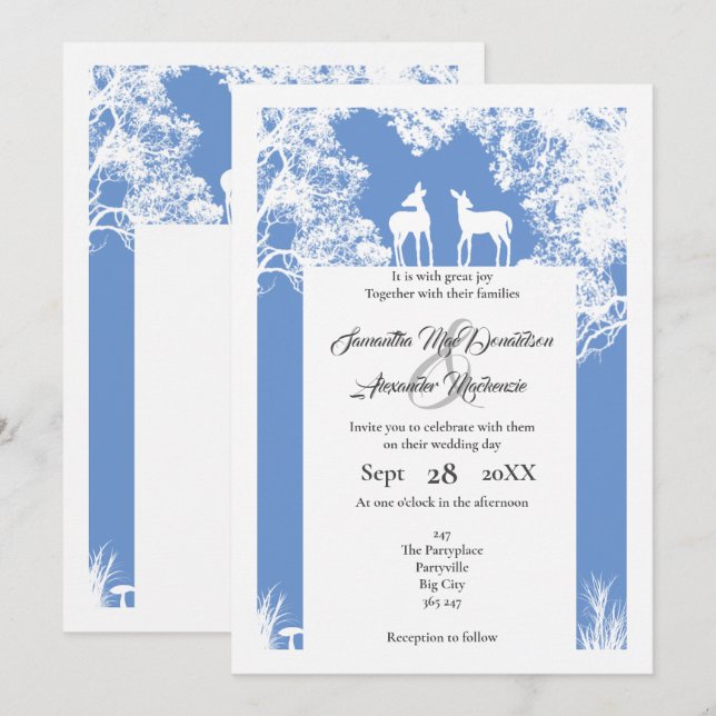 Woodland faux paper cut blue wedding invitation (Front/Back)