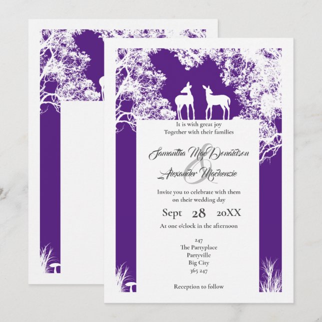 Woodland faux papercut purple wedding invitation (Front/Back)