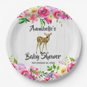 Woodland Fawn Deer Watercolor Floral Baby Shower Paper Plate