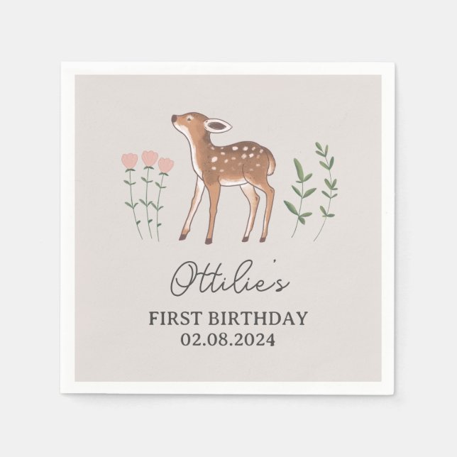 Woodland Fawn Flowers Birthday Napkin (Front)