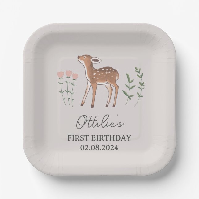 Woodland Fawn Flowers Birthday Paper Plate (Front)