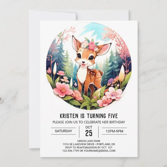 Woodland Fawn Into the Woods Girl Birthday Invitation (Front)