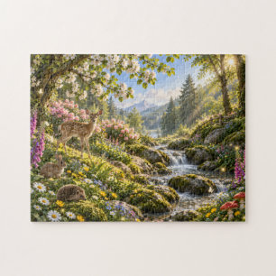 Woodland Fawn Stream Nature Illustration Jigsaw Puzzle