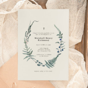 Woodland Fern Forest Berry Christening Baptism Invitation