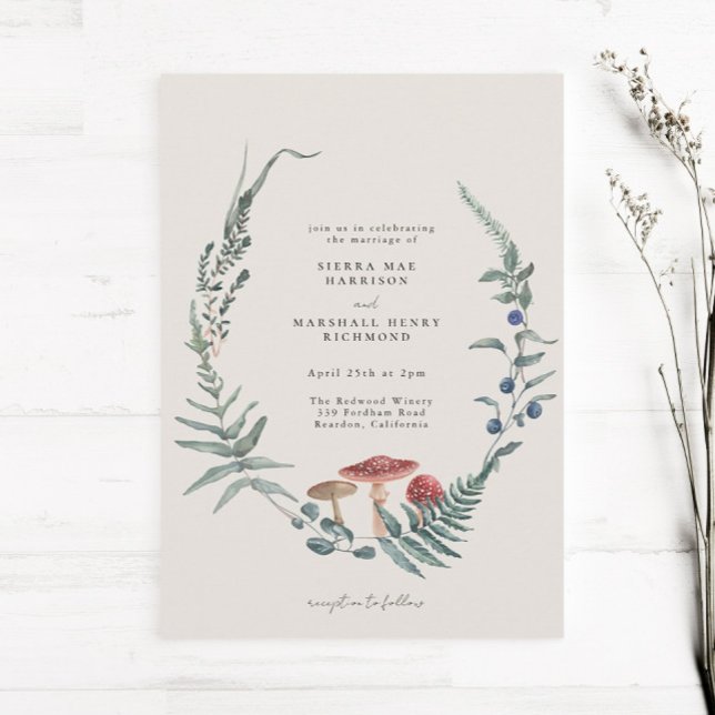 Woodland Fern Forest Red Mushroom Wedding Invitation (Creator Uploaded)
