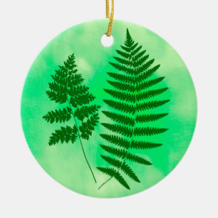 Woodland Fern Green on a Watercolor Background Ceramic Tree Decoration