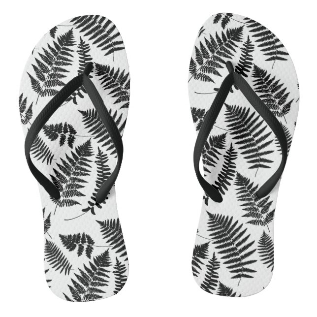 Woodland Fern Pattern, Black and White Flip Flops (Footbed)