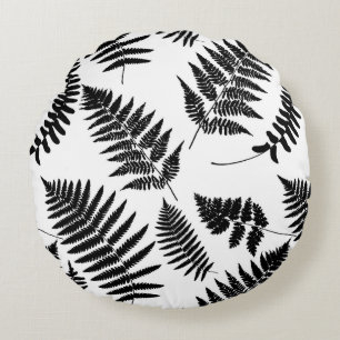 Woodland Fern Pattern, Black and White Round Cushion