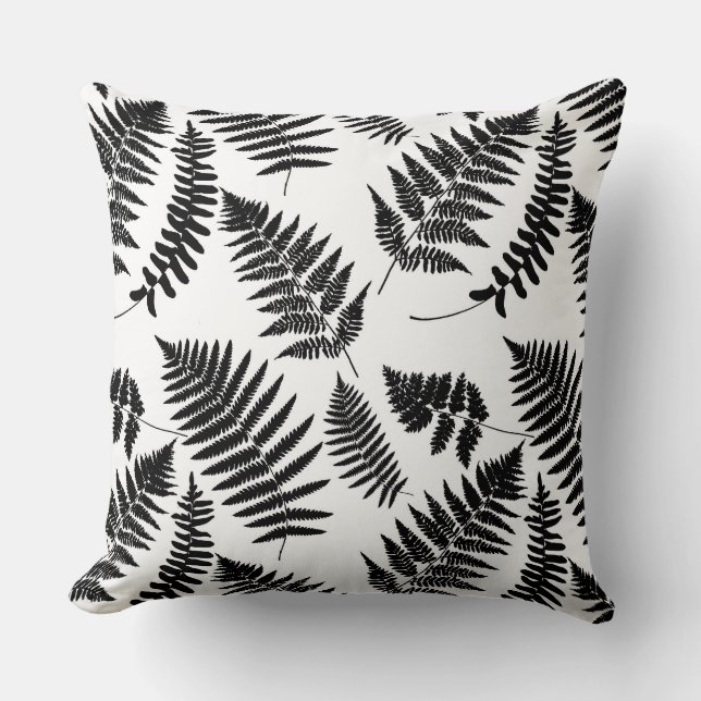Woodland Fern Pattern, Black and White Throw Pillo Cushion (Front)