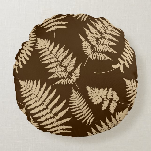 Woodland Fern Pattern, Brown and Beige Round Cushion (Front)