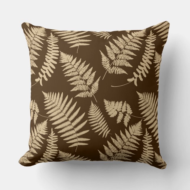 Woodland Fern Pattern, Brown and Beige Throw Pillo Cushion (Front)