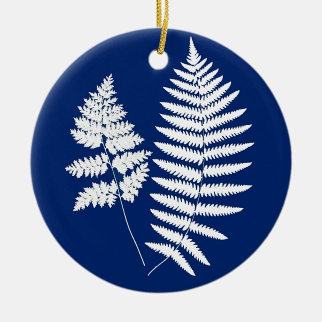 Woodland Fern Pattern, Cobalt Blue and White Ceramic Tree Decoration (Front)